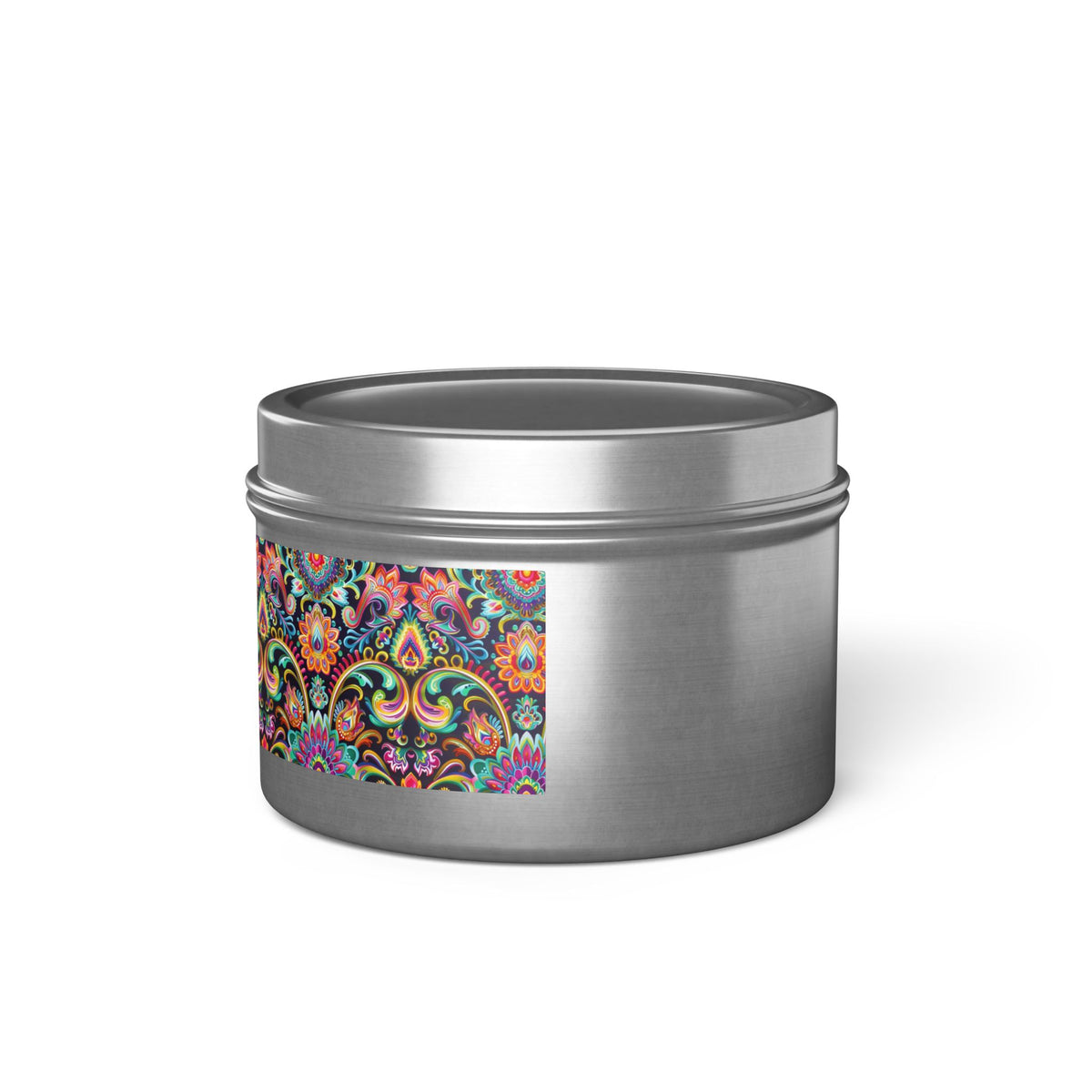 Electric Damask Tin Candle. Timeless Scrollwork, Electric Soul. Available in 2 sizes, 3 finishes, and 5 scents.