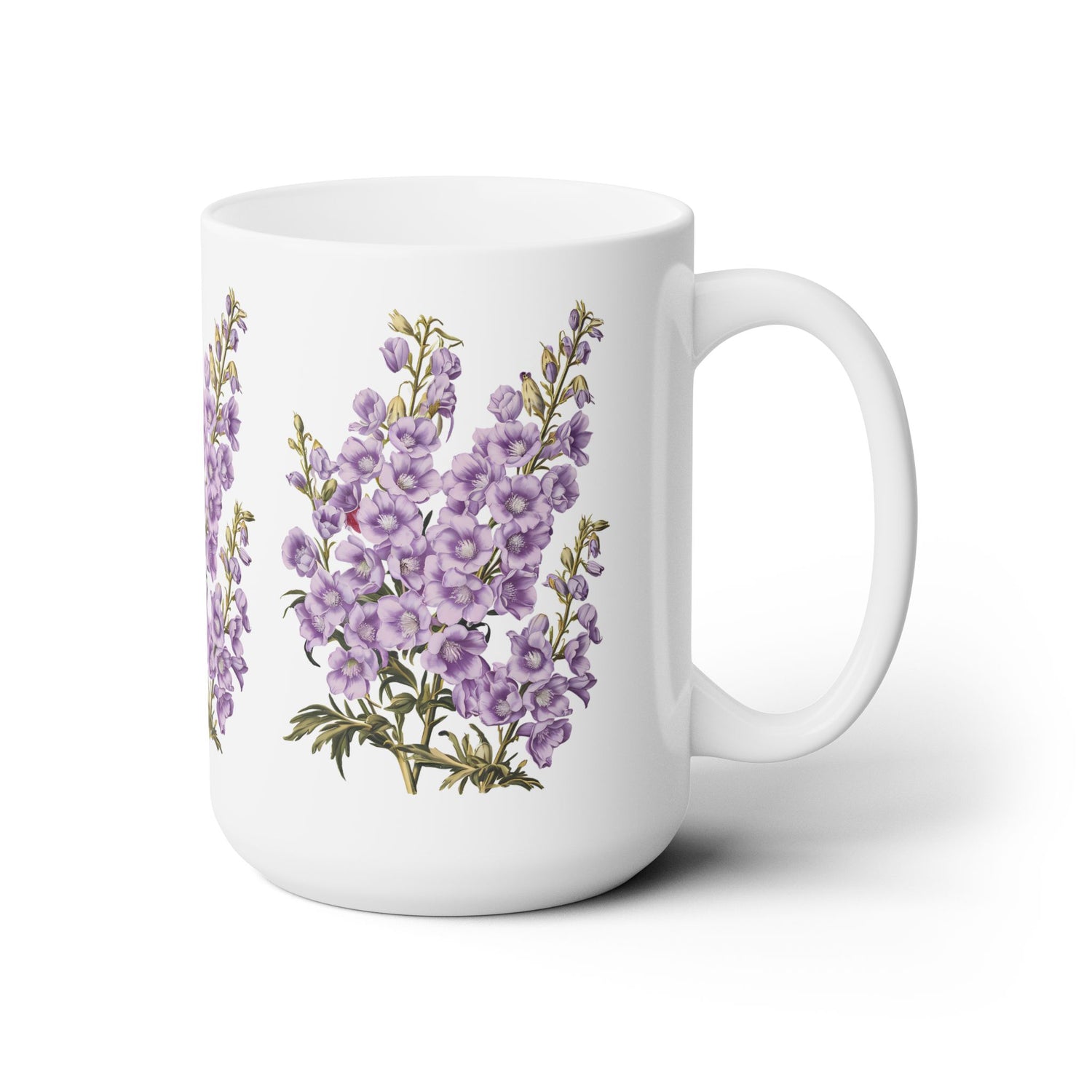 July Birth Month Flower - Larkspur Ceramic Mug - 15 oz. - Celebrate July with the Joyful Bloom of Larkspur! From our Blooming Celebrations Birth Flower Collection.