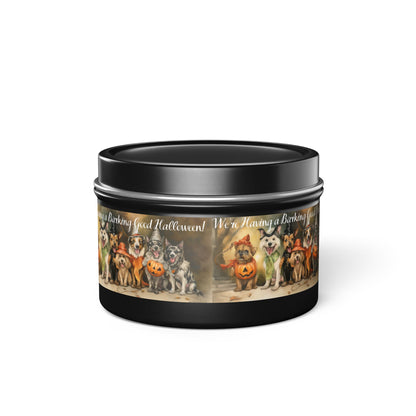 We're Having a Barking Good Halloween! Tin Candle. Spooky Treats in a Tin. Available in 2 sizes, 3 finishes, and 5 scents.