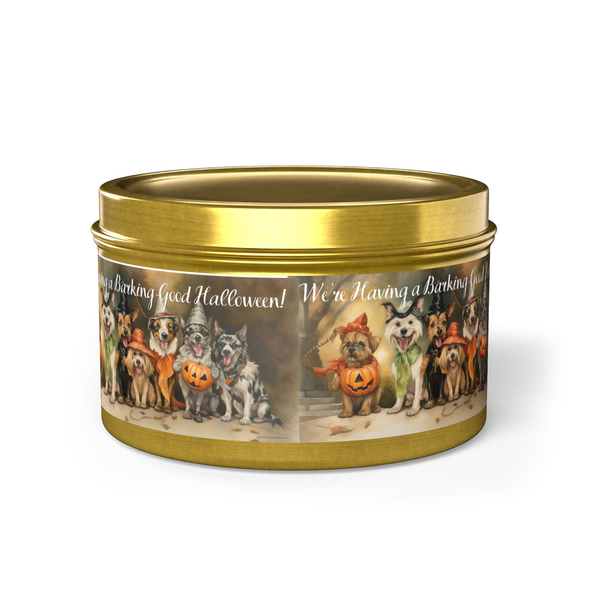 We're Having a Barking Good Halloween! Tin Candle. Spooky Treats in a Tin. Available in 2 sizes, 3 finishes, and 5 scents.