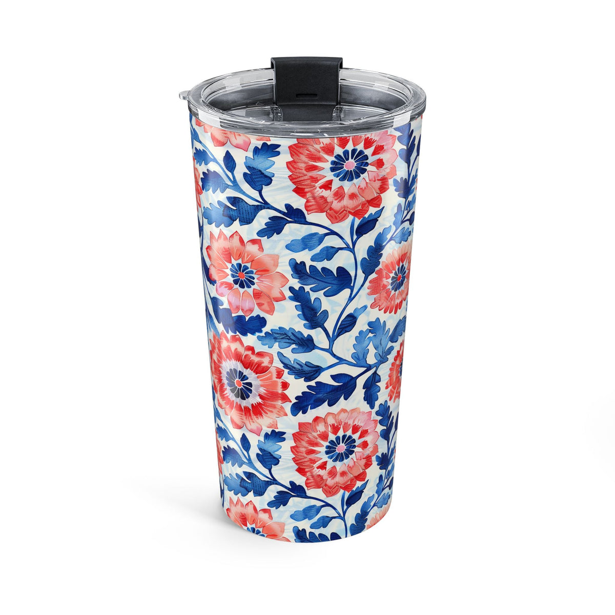 Whimsical Batik Blossoms insulated tumbler back view