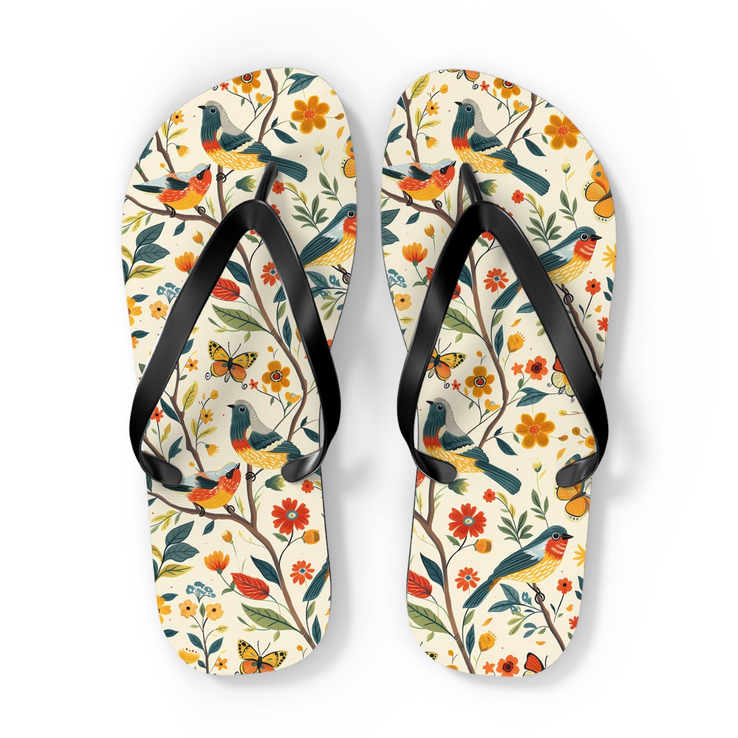 Tree Birds Flip Flops. 5/8" Thick Comfortable Summer or Winter Gym/Sauna Footwear for Men and Women.