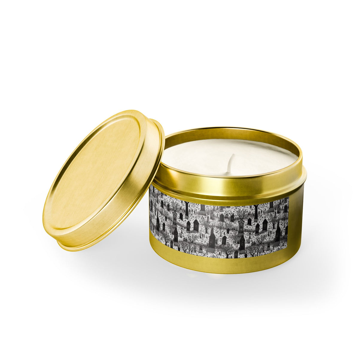 Spooky Gothic Cemetery Chic Halloween Tin Candle. Haunted Elegance, Travel Size. Available in 2 sizes, 3 finishes, and 5 scents.