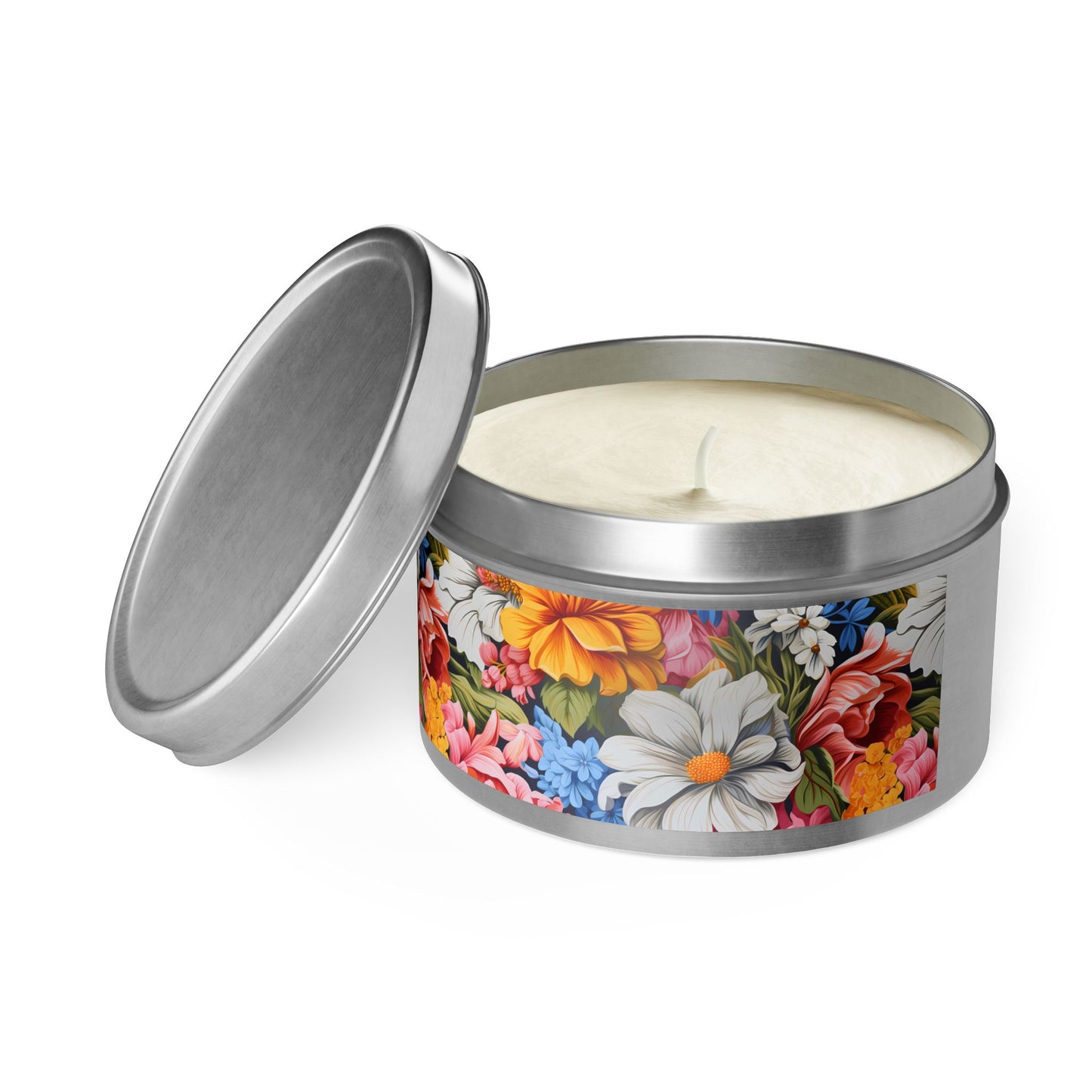 Chic Floral Tin Candle. Blooms That Travel Well. Available in 2 sizes, 3 finishes, and 5 scents.