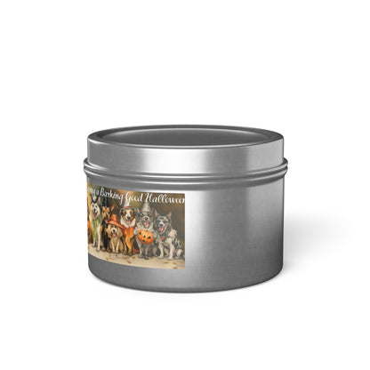 We're Having a Barking Good Halloween! Tin Candle. Spooky Treats in a Tin. Available in 2 sizes, 3 finishes, and 5 scents.
