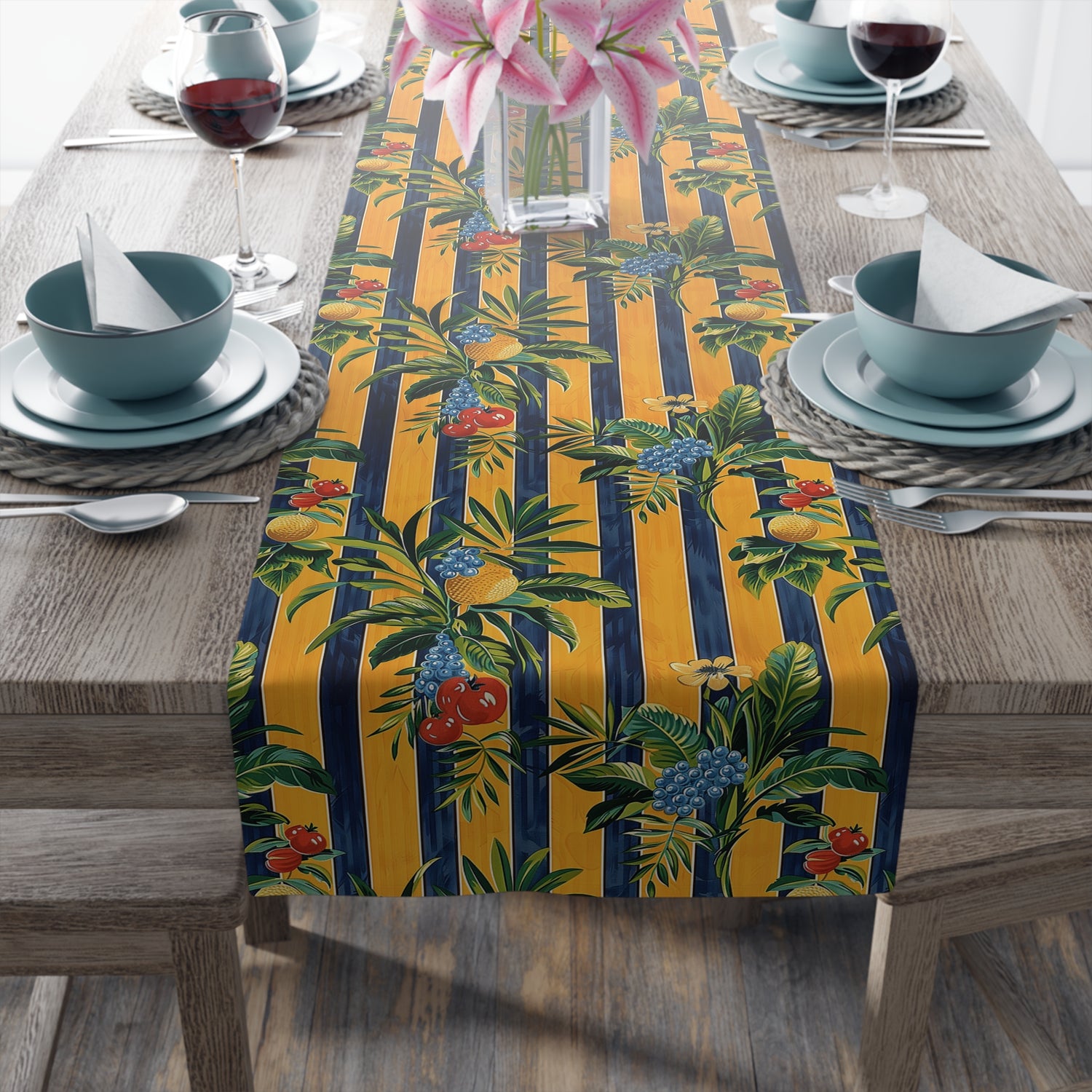 Riviera Fruitscape Table Runner. Bring the Riviera to Your Table with a Splash of Tropical Elegance! Available in 2 sizes: 16" x 72" or 16" xx 90"