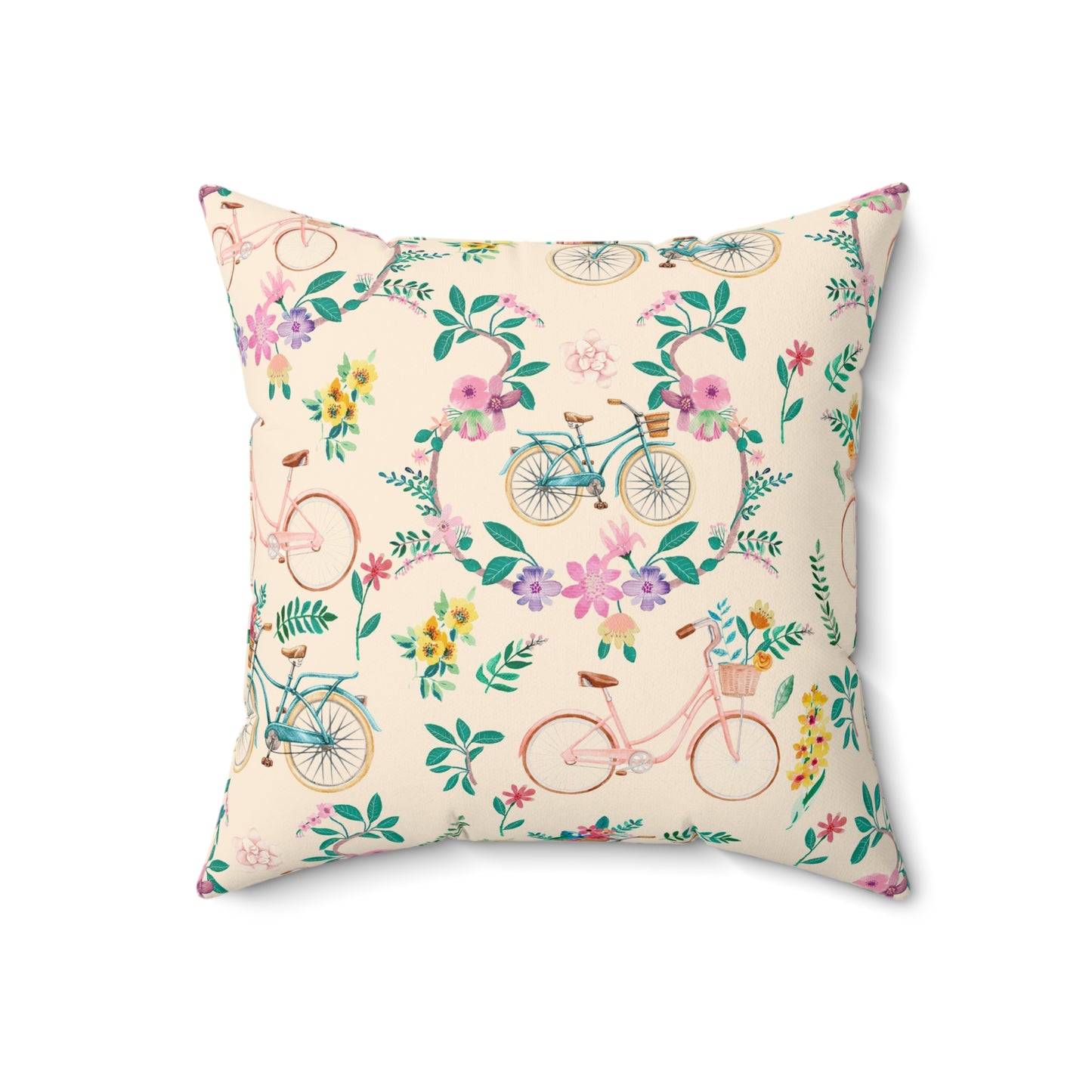 Spring Bicycle Square Throw Pillow - Spun Polyester - Double-Sided Print - Concealed Zipper - Available in 4 sizes