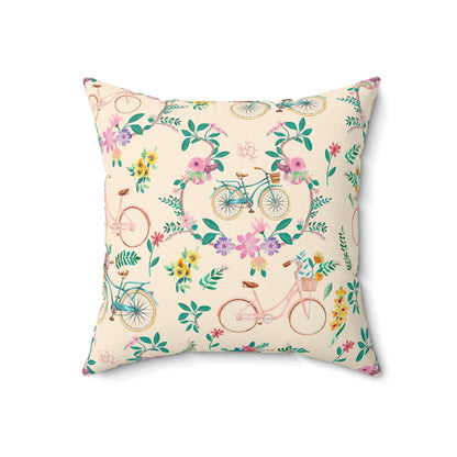 Spring Bicycle Square Throw Pillow - Spun Polyester - Double-Sided Print - Concealed Zipper - Available in 4 sizes