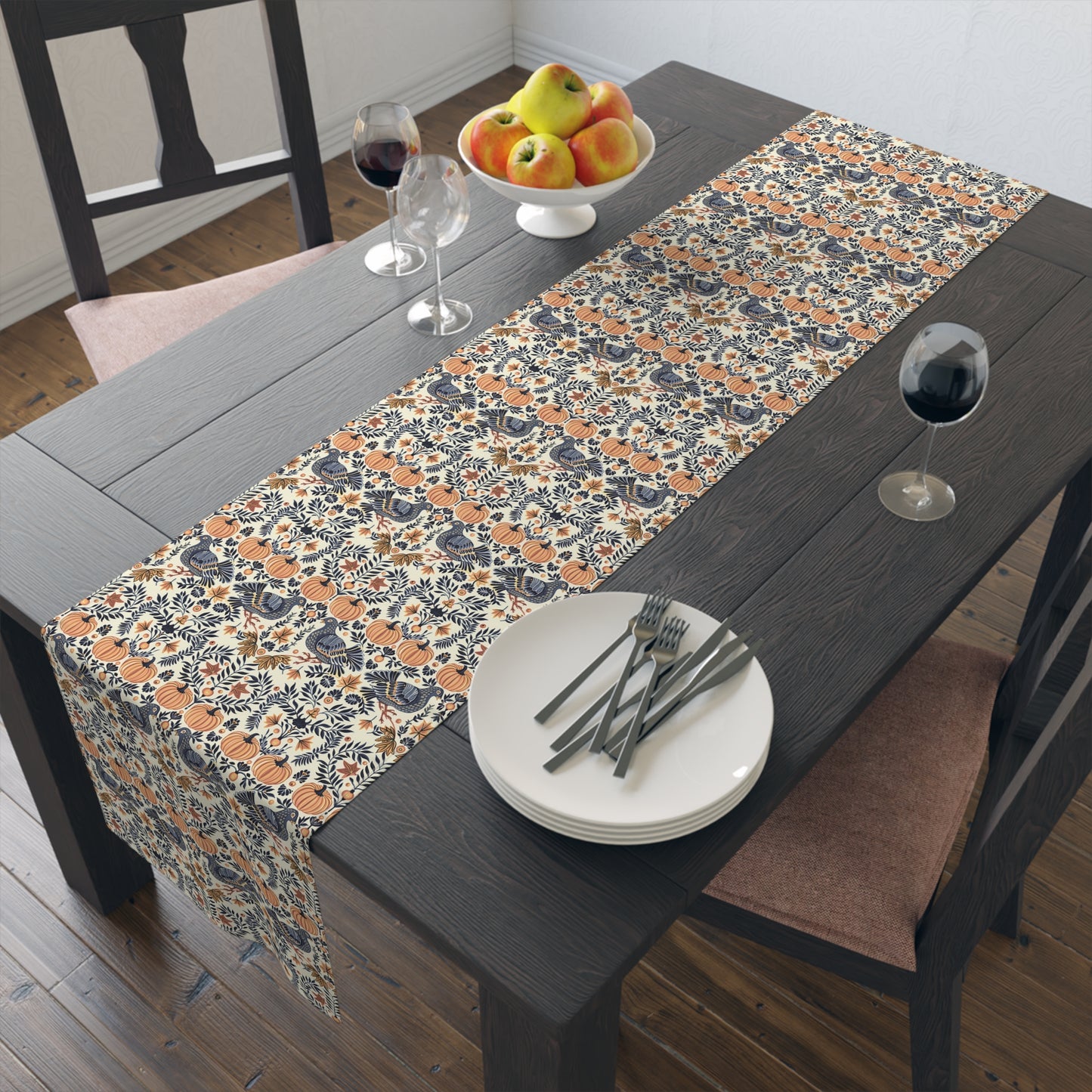 Autumn Harvest Woodcut Table Runner - Cotton Twill - Available in 2 sizes: 16" x 72" and 16" x 90".