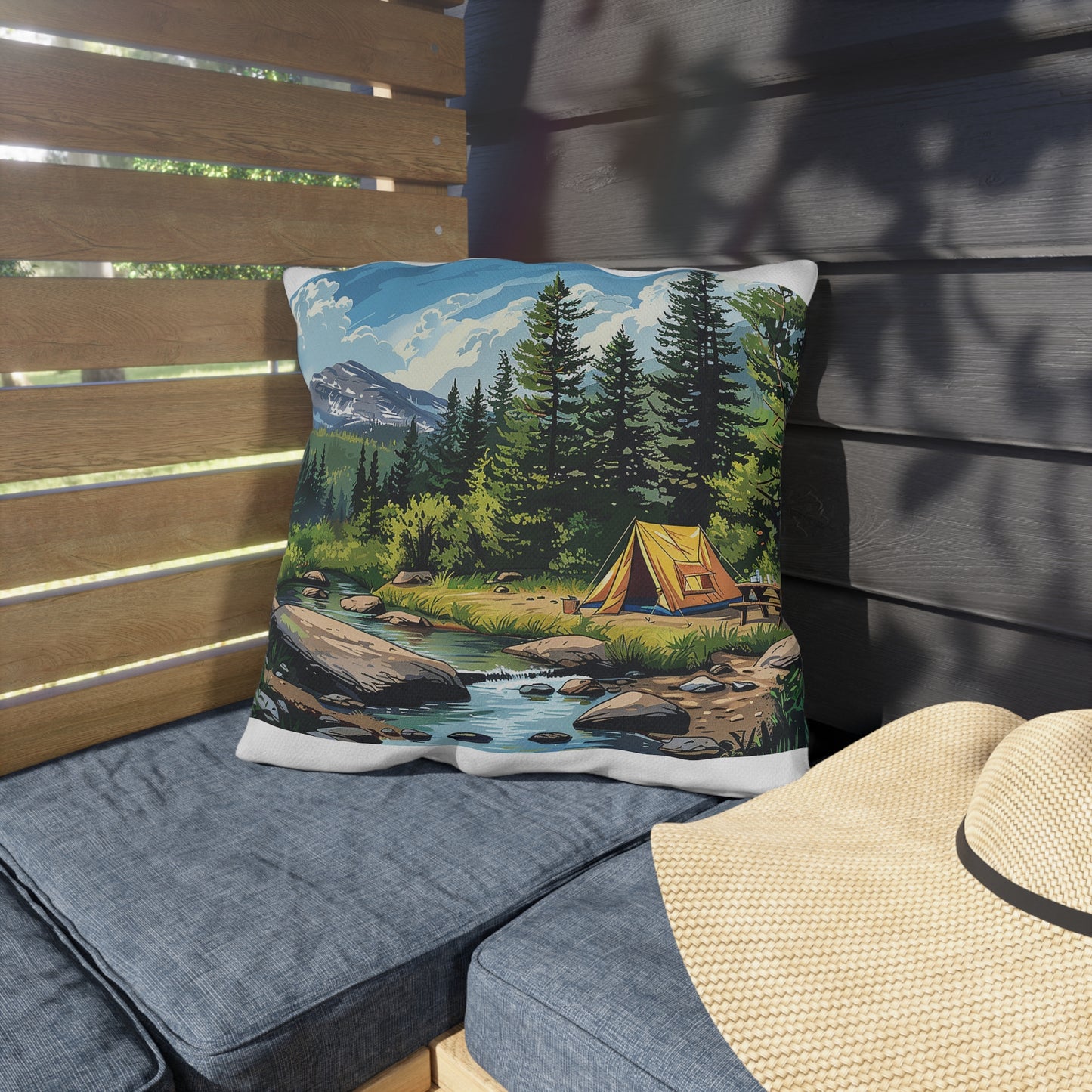 High Sierras Camp Square Outdoor Pillow - Spun Polyester - Double-Sided Print - UV-Resistant - Water-Resistant - Available in 3 sizes.