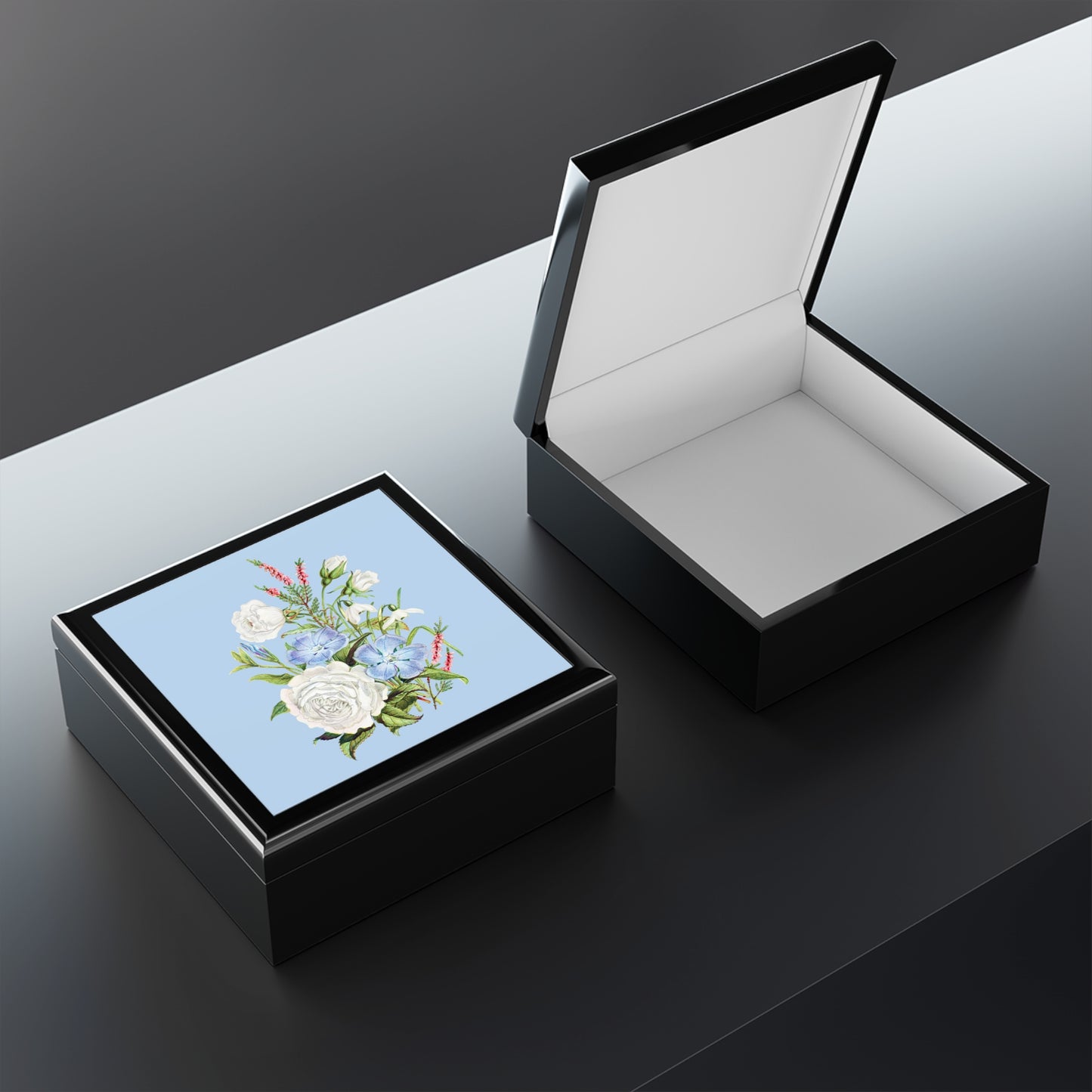 Vintage White & Blue Blossoms Jewelry Box - Felt-Lined Rubberwood Keepsake Box with Glossy Printed Lid