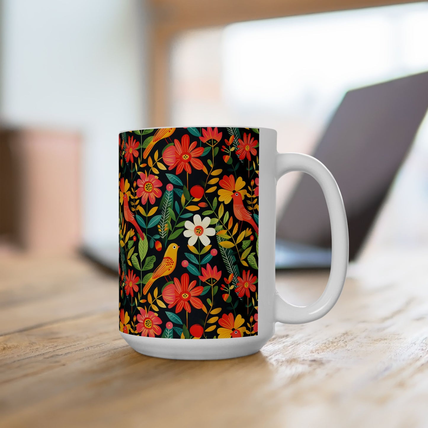 Blooming Bird Wonderland Ceramic Mug - 15 oz. - Glossy White Ceramic - Microwave & Dishwasher Safe.
