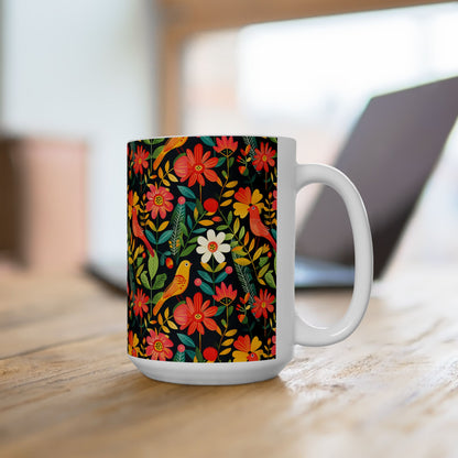 Blooming Bird Wonderland Ceramic Mug - 15 oz. - Glossy White Ceramic - Microwave & Dishwasher Safe.