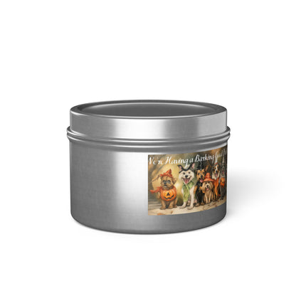We're Having a Barking Good Halloween! Tin Candle. Spooky Treats in a Tin. Available in 2 sizes, 3 finishes, and 5 scents.