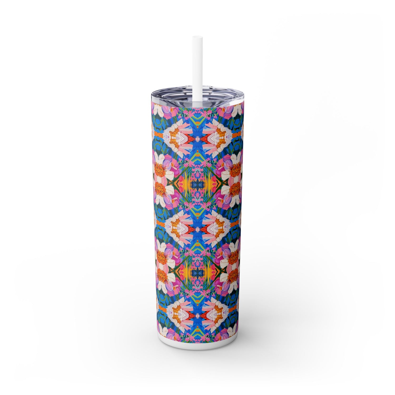 Floral Kaleidoscope Bliss Skinny Tumbler with Straw - 20 oz. Insulated Stainless Steel - Spin into a World of Color with Every Sip!