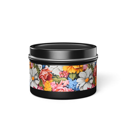 Chic Floral Tin Candle. Blooms That Travel Well. Available in 2 sizes, 3 finishes, and 5 scents.