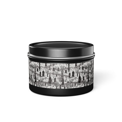 Spooky Gothic Cemetery Chic Halloween Tin Candle. Haunted Elegance, Travel Size. Available in 2 sizes, 3 finishes, and 5 scents.