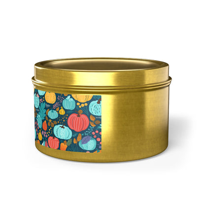 Fall Pumpkin Dance Tin Candle. Autumn's Dance in a Tin. Available in 2 sizes, 3 finishes, and 5 scents.