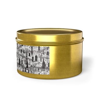 Spooky Gothic Cemetery Chic Halloween Tin Candle. Haunted Elegance, Travel Size. Available in 2 sizes, 3 finishes, and 5 scents.