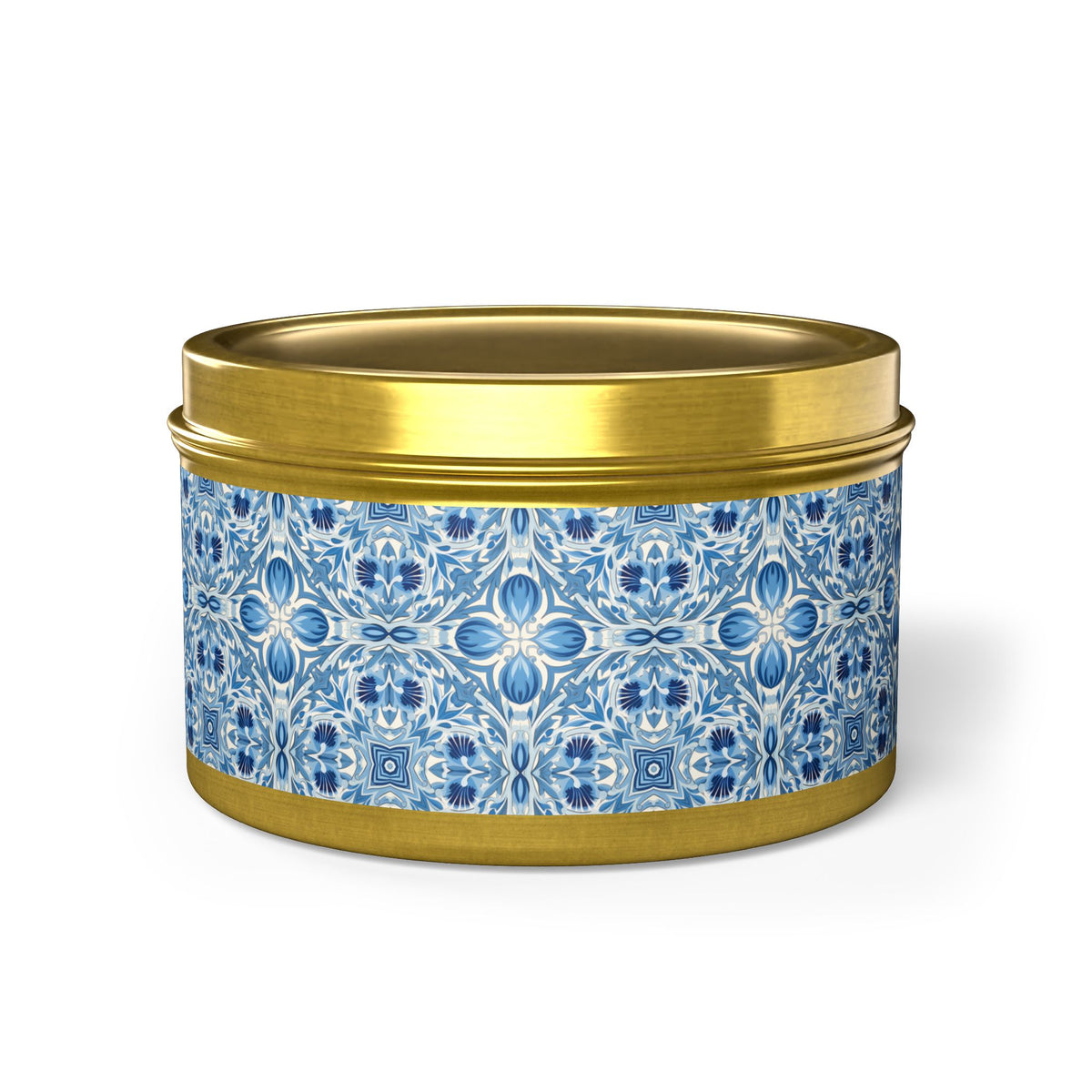 Dutch Blue Tile Tin Candle. Delft Calm, Travel Size. Available in 2 sizes, 3 finishes, and 5 scents.