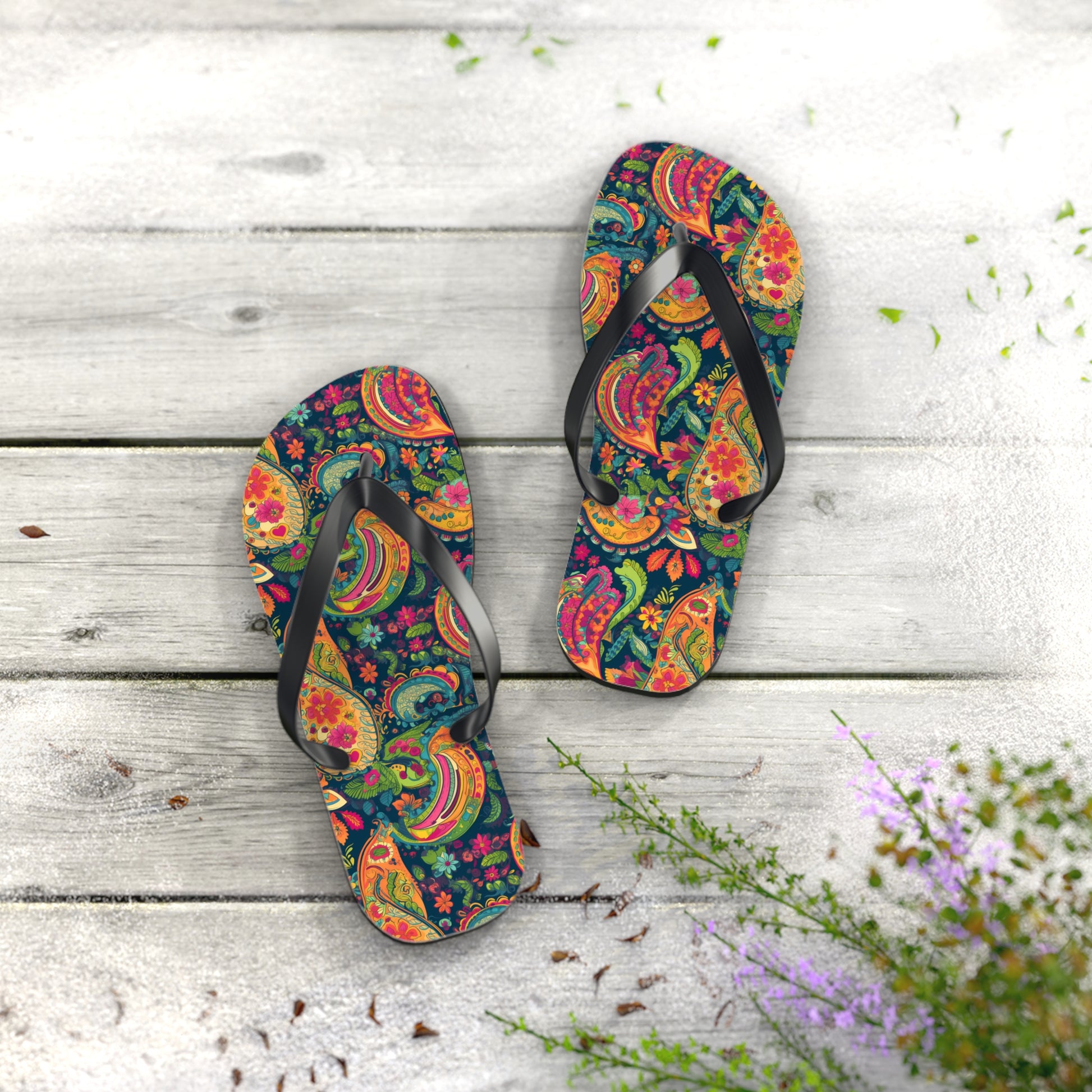 Psychedelic Paisley Party Flip Flops. 5/8" Thick Comfortable Summer or Winter Gym/Sauna Footwear for Men and Women.