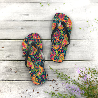 Psychedelic Paisley Party Flip Flops. 5/8" Thick Comfortable Summer or Winter Gym/Sauna Footwear for Men and Women.
