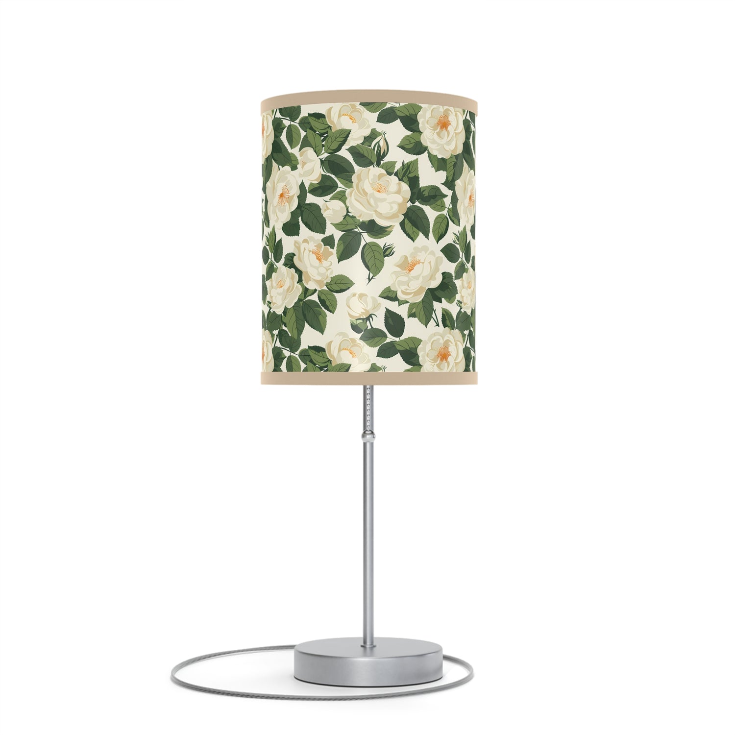 White Roses at Dawn Modern Table Lamp. 20" Tall, Metal Stand, US|CA Plug, Available in 2 Finishes & Multiple Trim Colors