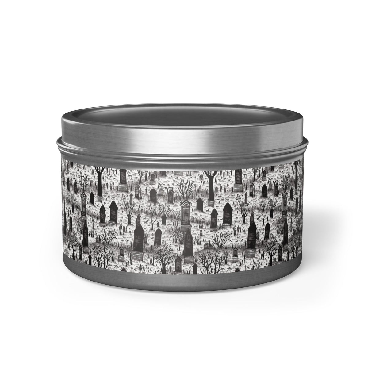 Spooky Gothic Cemetery Chic Halloween Tin Candle. Haunted Elegance, Travel Size. Available in 2 sizes, 3 finishes, and 5 scents.