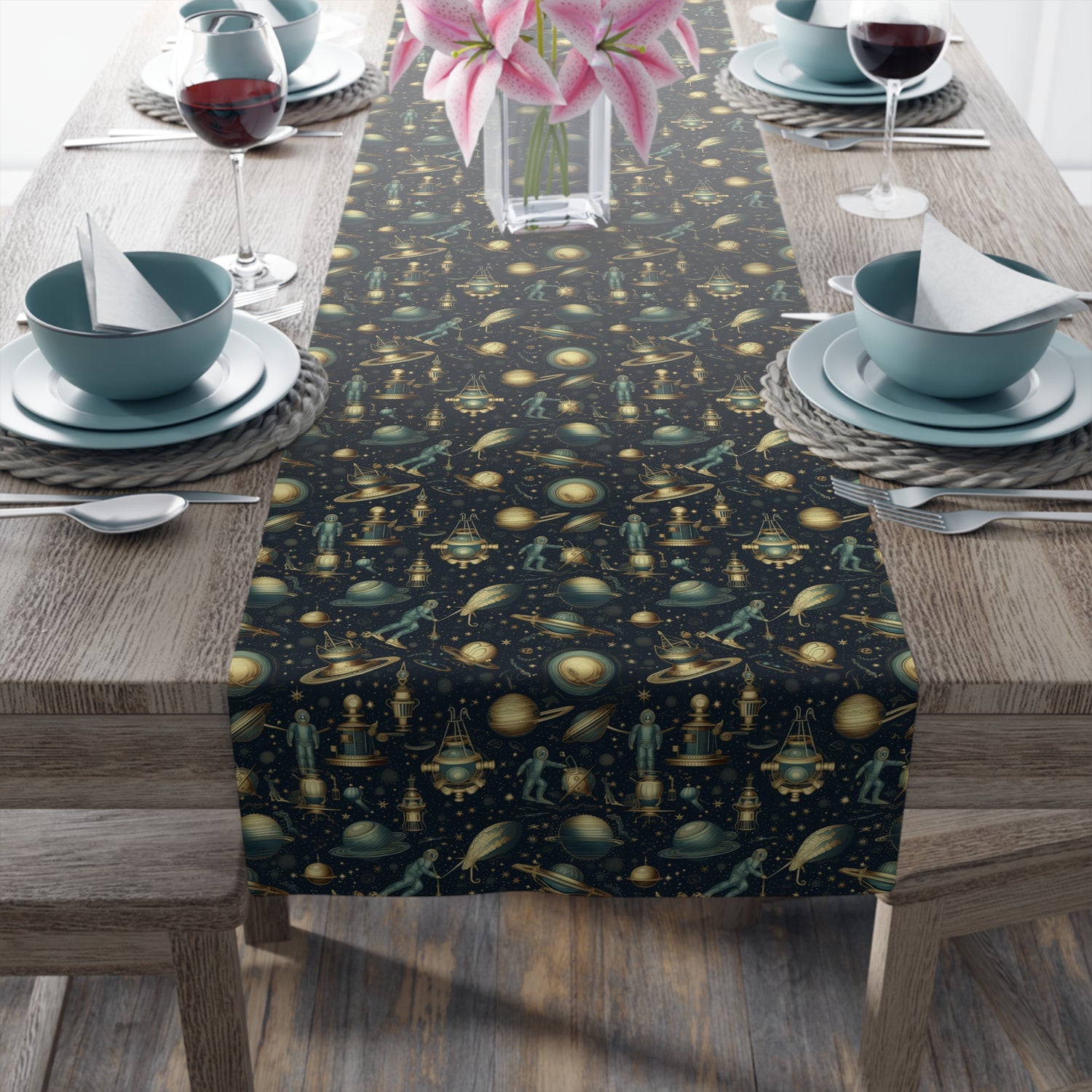Steampunk Space ExplorerTable Runner - Explore New Worlds with Steampunk Elegance! Available in 2 sizes.