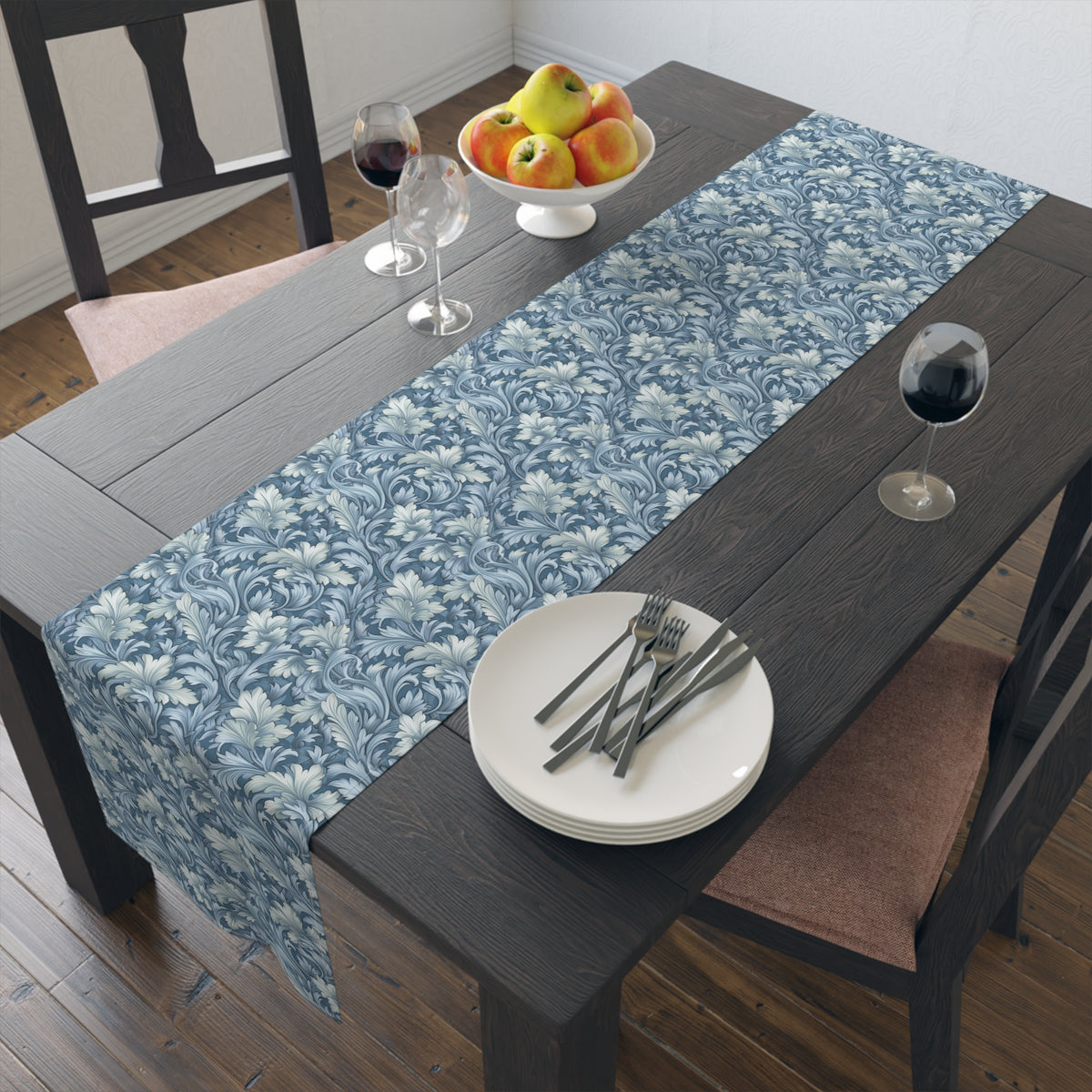 Soft Blue Leaf Tapestry Table Runner - Cotton Twill - Available in 2 sizes: 16" x 72" and 16" x 90".
