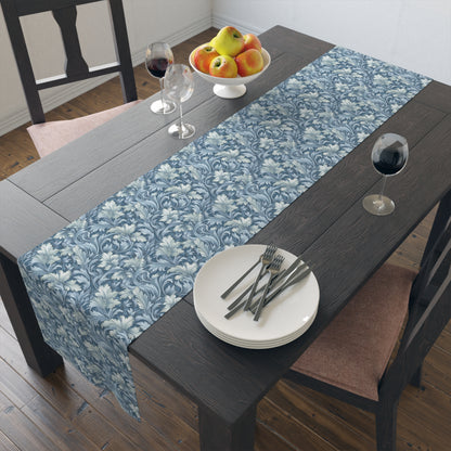 Soft Blue Leaf Tapestry Table Runner - Cotton Twill - Available in 2 sizes: 16" x 72" and 16" x 90".
