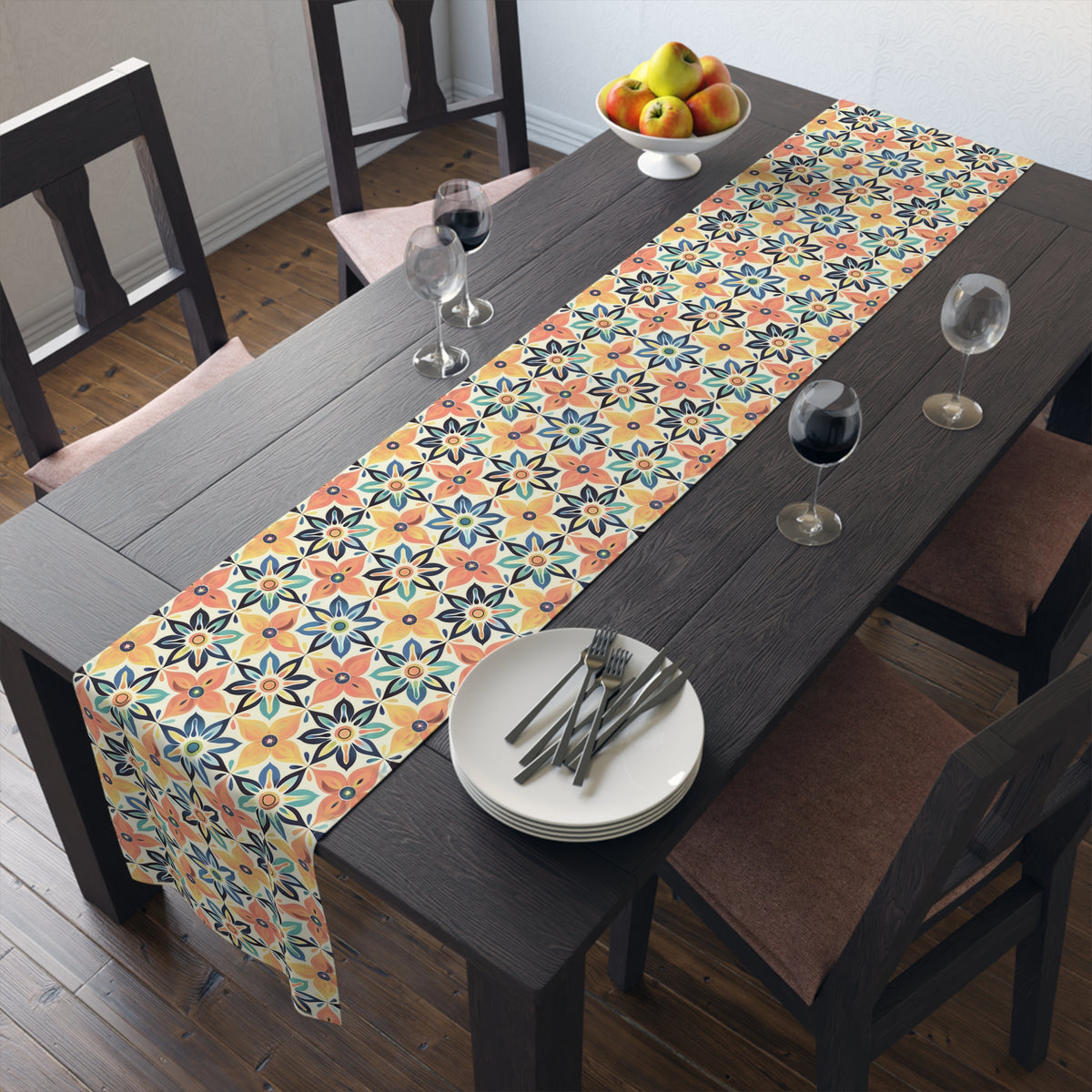 Mediterranean Tile Blossom Table Runner - Cotton Twill - Available in 2 sizes: 16" x 72" and 16" x 90".