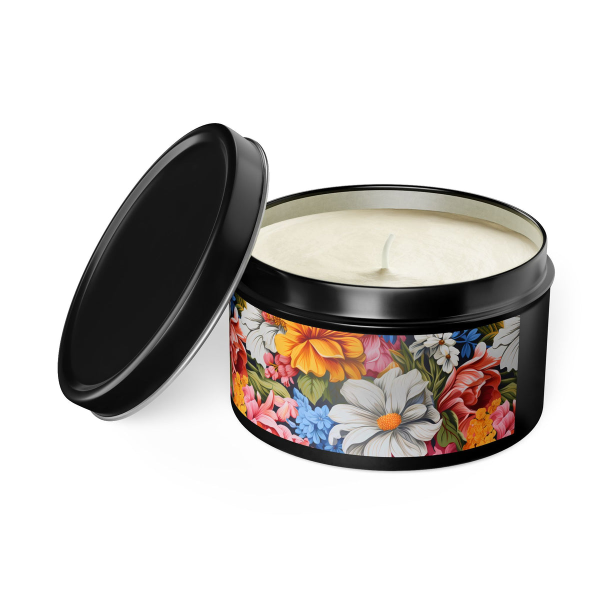 Chic Floral Tin Candle. Blooms That Travel Well. Available in 2 sizes, 3 finishes, and 5 scents.