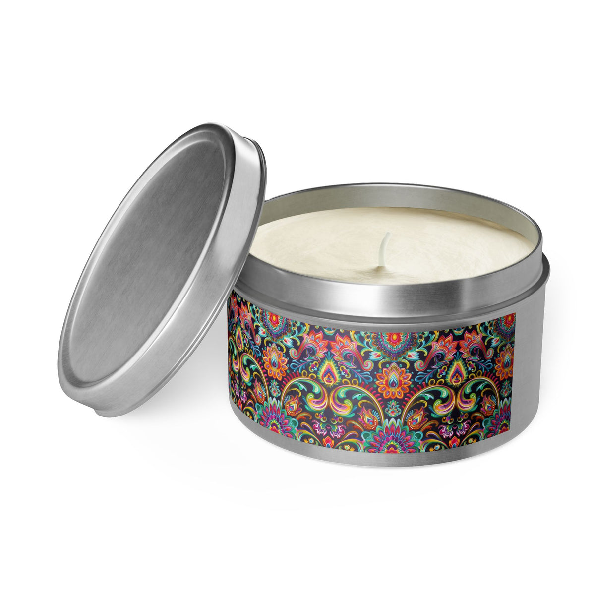 Electric Damask Tin Candle. Timeless Scrollwork, Electric Soul. Available in 2 sizes, 3 finishes, and 5 scents.