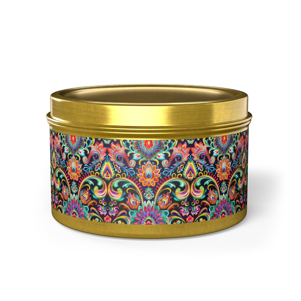 Electric Damask Tin Candle. Timeless Scrollwork, Electric Soul. Available in 2 sizes, 3 finishes, and 5 scents.