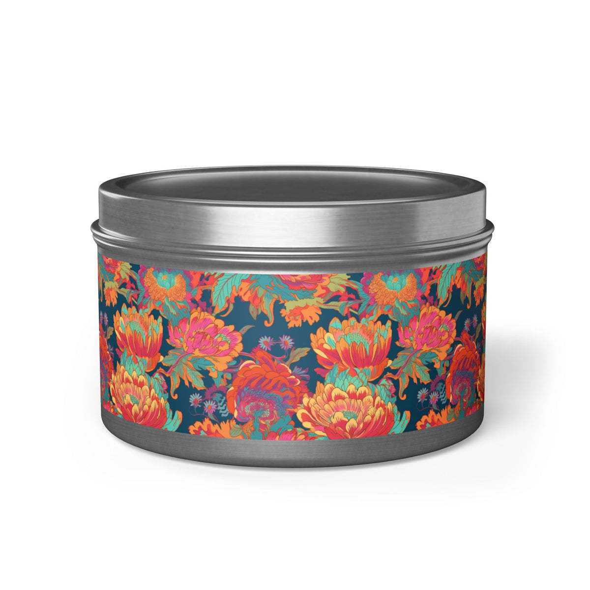 Psychedelic Flower Power Tin Candle. Far-Out Fragrance in a Tin. Available in 2 sizes, 3 finishes, and 5 scents.