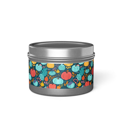 Fall Pumpkin Dance Tin Candle. Autumn's Dance in a Tin. Available in 2 sizes, 3 finishes, and 5 scents.