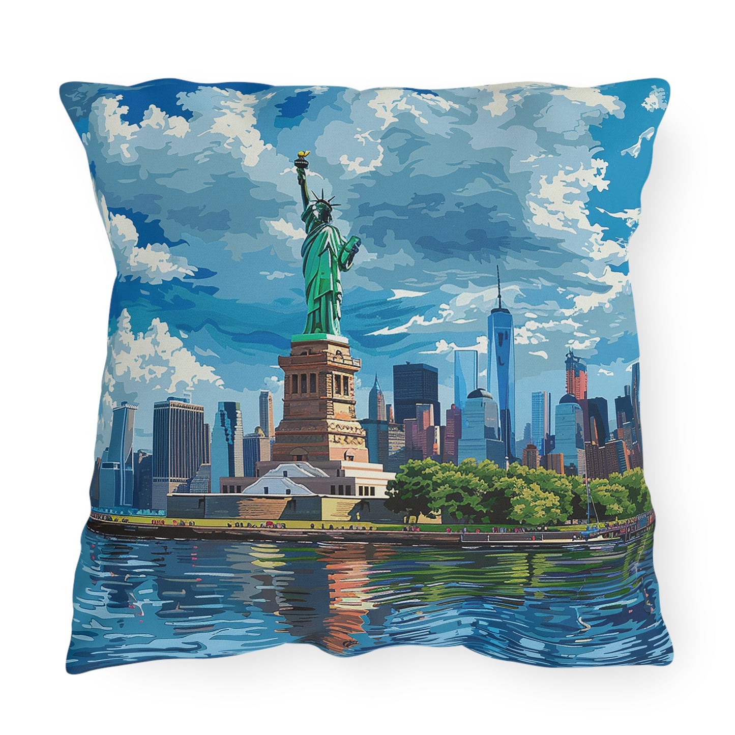Statue of Liberty Square Outdoor Pillow - Spun Polyester - Double-Sided Print - UV-Resistant - Water Resistant - Available in 3 sizes.
