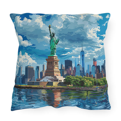 Statue of Liberty Square Outdoor Pillow - Spun Polyester - Double-Sided Print - UV-Resistant - Water Resistant - Available in 3 sizes.