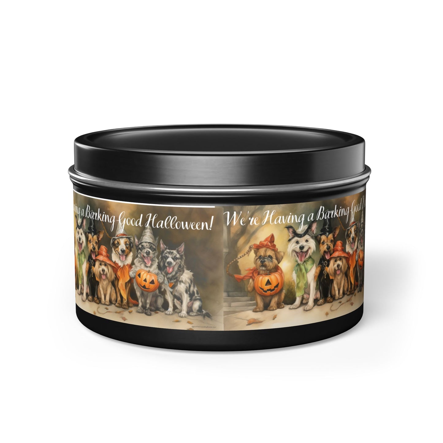 We're Having a Barking Good Halloween! Tin Candle. Spooky Treats in a Tin. Available in 2 sizes, 3 finishes, and 5 scents.
