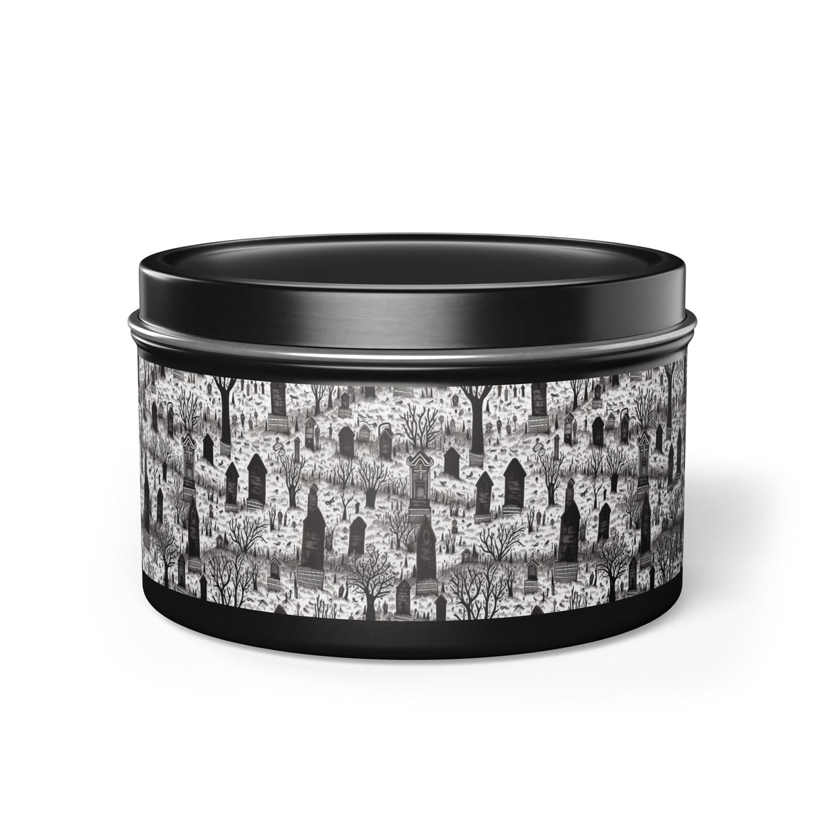 Spooky Gothic Cemetery Chic Halloween Tin Candle. Haunted Elegance, Travel Size. Available in 2 sizes, 3 finishes, and 5 scents.