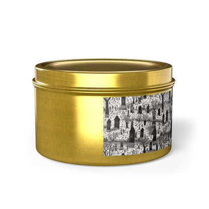 Spooky Gothic Cemetery Chic Halloween Tin Candle. Haunted Elegance, Travel Size. Available in 2 sizes, 3 finishes, and 5 scents.