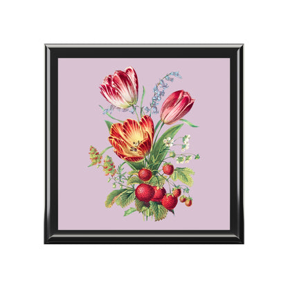 Vintage Tulip Trio Treasure Jewelry Box - Felt-Lined Rubberwood Keepsake Box with Glossy Printed Lid