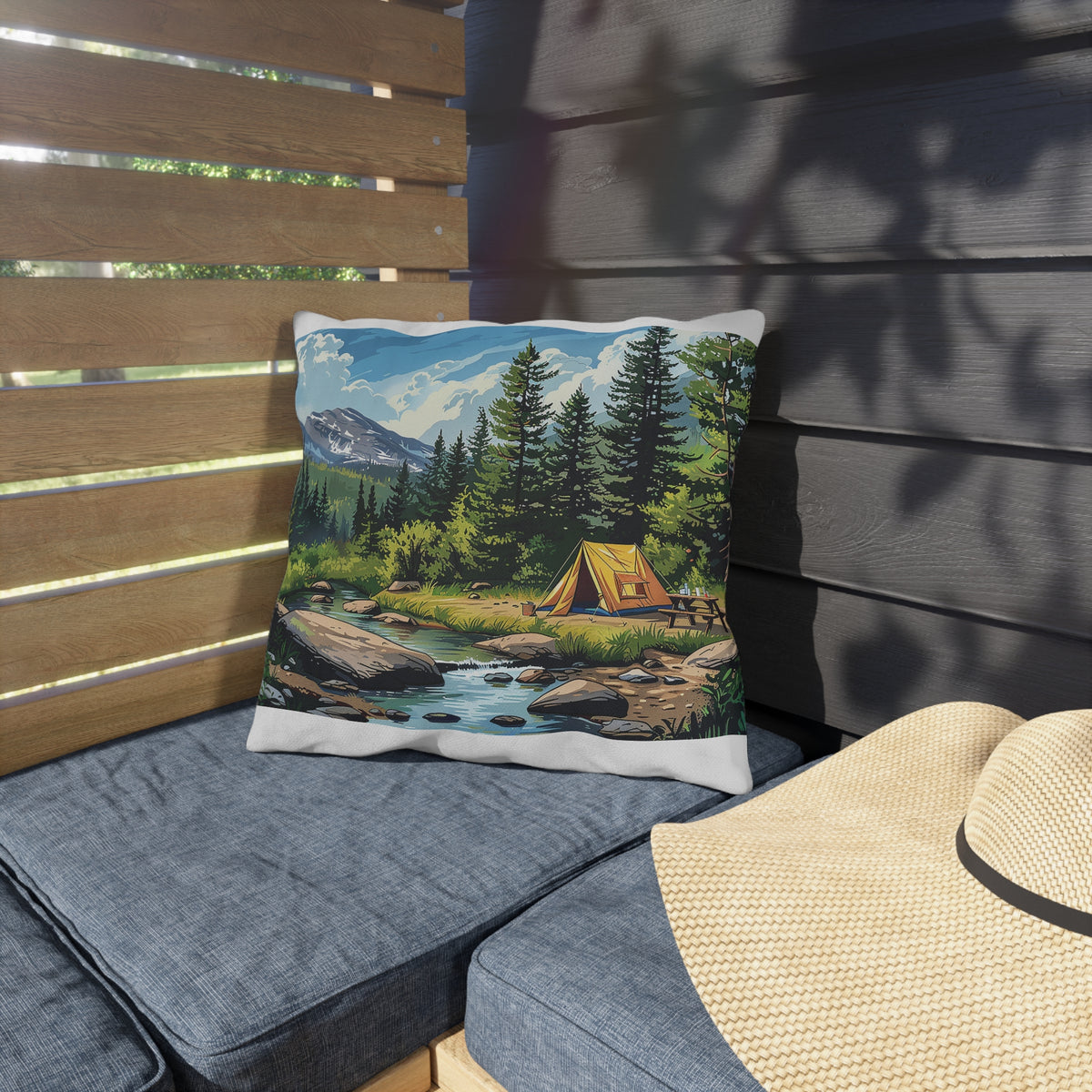 High Sierras Camp Square Outdoor Pillow - Spun Polyester - Double-Sided Print - UV-Resistant - Water-Resistant - Available in 3 sizes.
