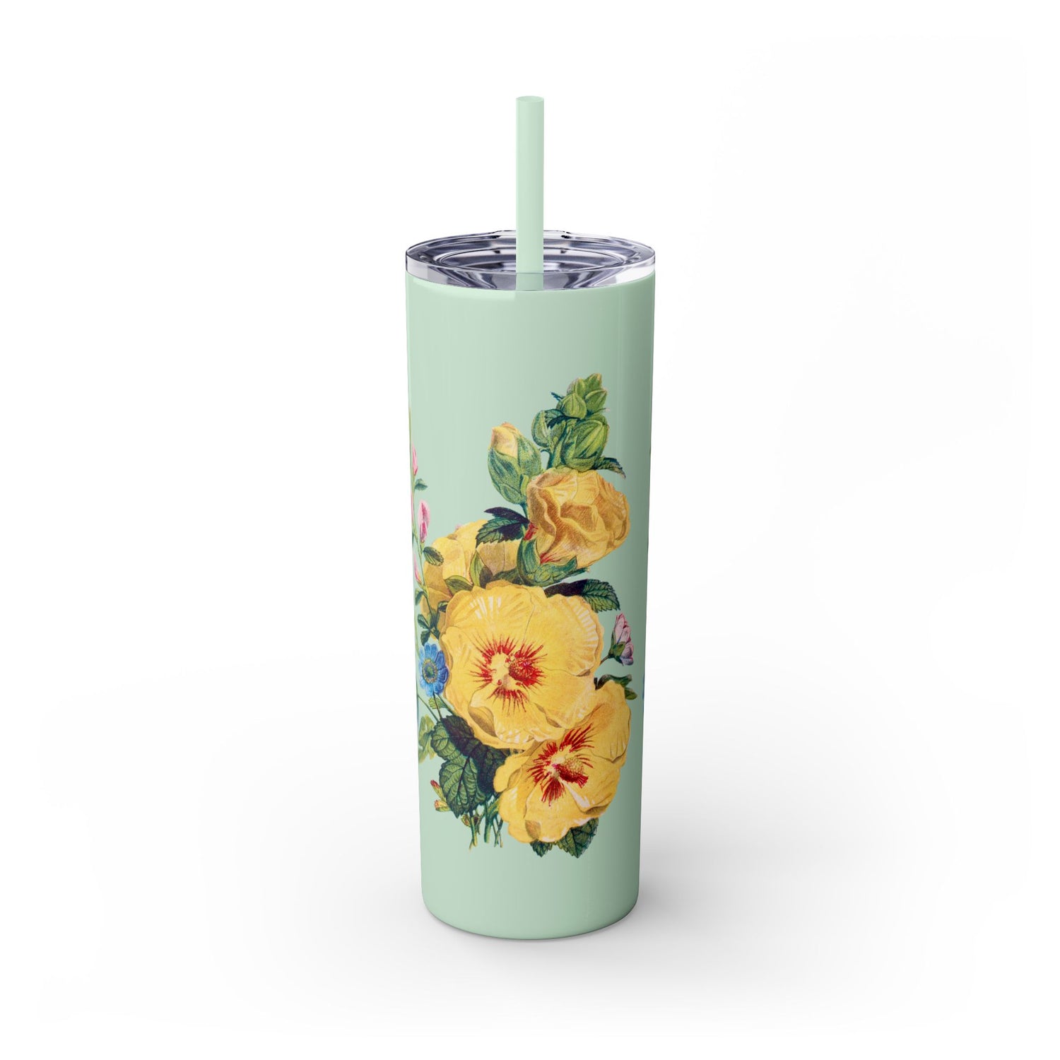Vintage Yellow Bloom Serenity Skinny Tumbler with Straw - 20 oz. Insulated Stainless Steel - Savor the Past, One Sip at a Time: Vintage Bloom Tumbler Series