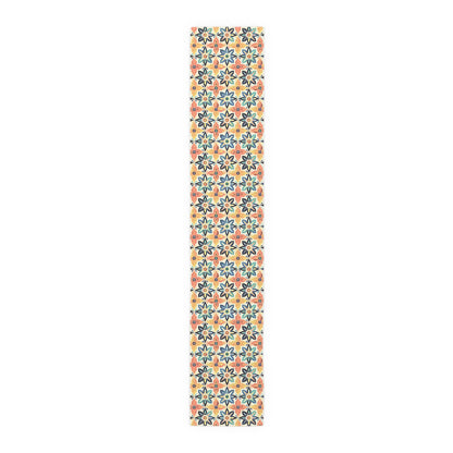 Mediterranean Tile Blossom Table Runner - Cotton Twill - Available in 2 sizes: 16" x 72" and 16" x 90".