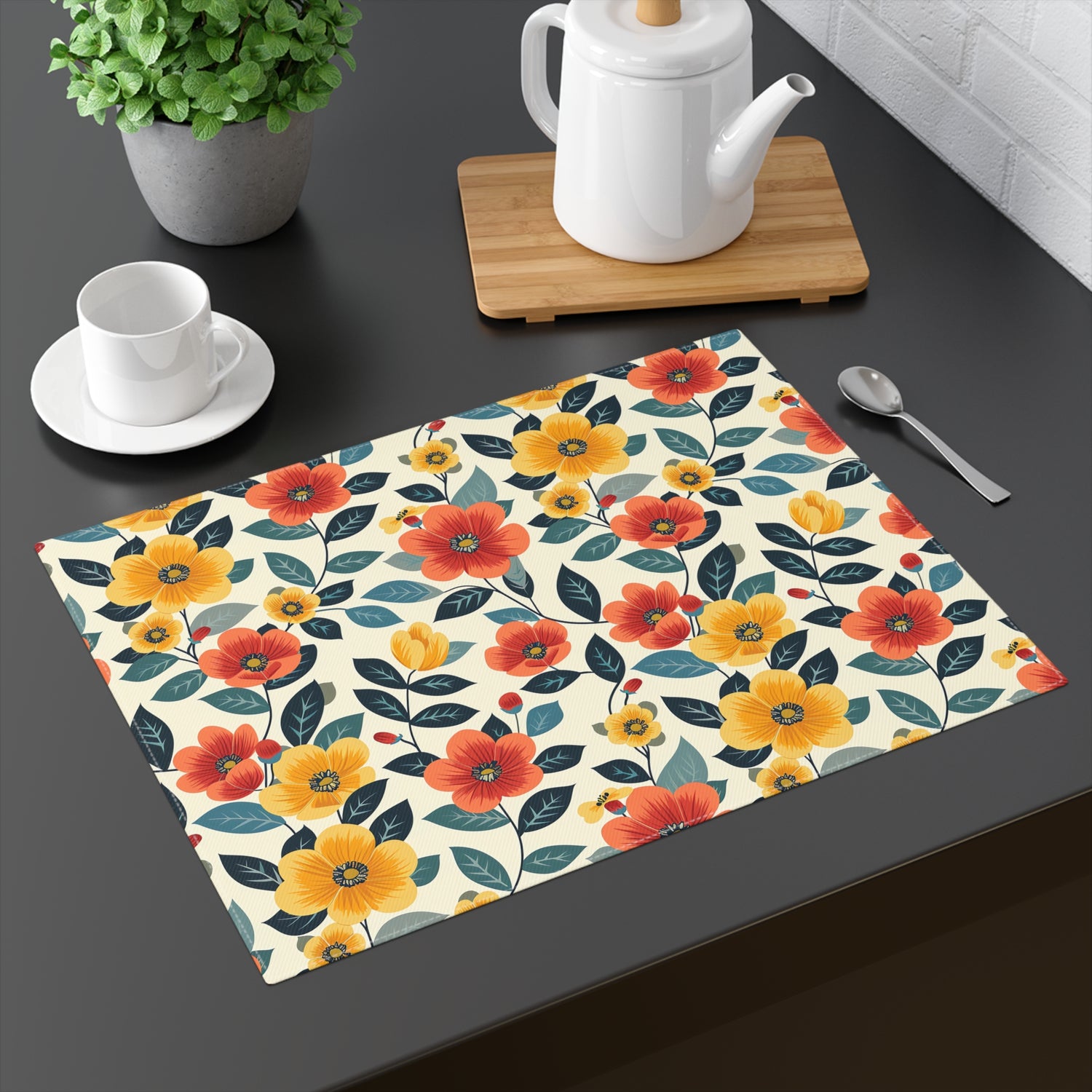 Midcentury Autumn Bloom Placemat - Fall in Love with Retro Floral Elegance! Cotton Twill - 18" x 14"