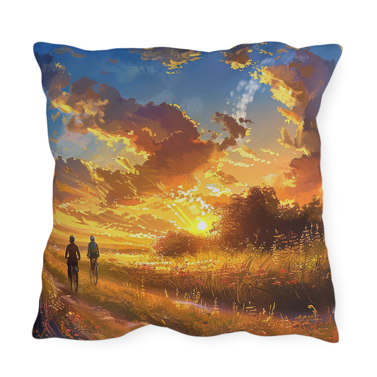 Golden Sunset Ride Square Outdoor Pillow - Spun Polyester - Double-Sided Print - UV-Resistant - Water-Resistant - Available in 3 sizes.