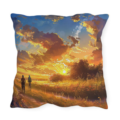 Golden Sunset Ride Square Outdoor Pillow - Spun Polyester - Double-Sided Print - UV-Resistant - Water-Resistant - Available in 3 sizes.