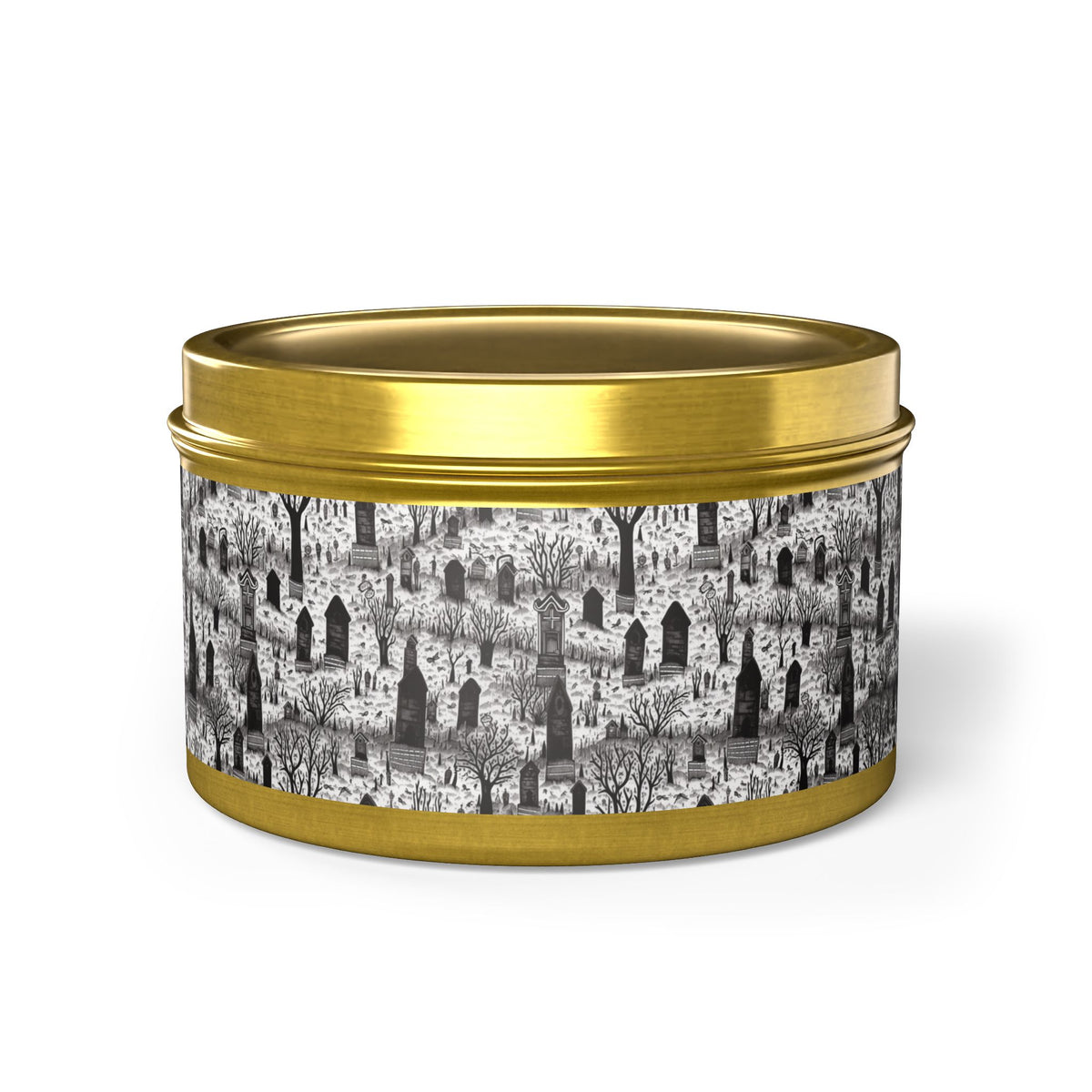 Spooky Gothic Cemetery Chic Halloween Tin Candle. Haunted Elegance, Travel Size. Available in 2 sizes, 3 finishes, and 5 scents.